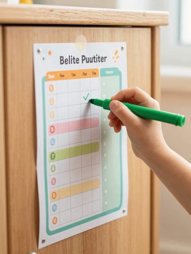 A child's hand holding a green marker, checking off a bedtime step on a colorful, printed routine tracker stuck to a warm wooden cabinet under soft window light.