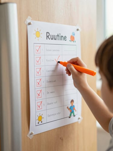 A close-up of a seven-year-old child's hand holding a bright orange marker, proudly drawing a checkmark on a beautifully illustrated daily routine chart stuck to a warm wooden refrigerator door, soft window light.
