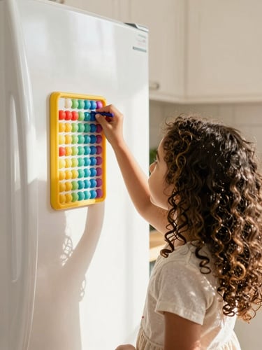 An over-the-shoulder shot of a young girl with curly hair looking up at a colorful habit tracker on a refrigerator, warm morning sunlight flooding the family kitchen, authentic home setting.
