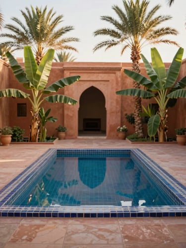 A wide environmental shot of a sun-drenched riad courtyard at morning, soft light reflecting off a central tiled pool, lush banana palms, terracotta walls, warm editorial photography, 35mm.