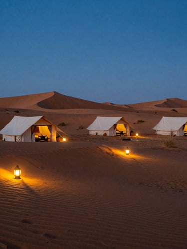 A private luxury desert camp at dusk in Erg Chebbi, glowing lanterns casting warm light on sand dunes, deep cobalt sky, 35mm warm editorial photography.
