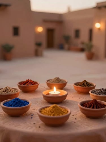 A private riad courtyard table set with spices in small terracotta bowls, warm candlelight, soft focus, editorial style