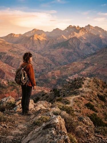 A single traveler standing on a high mountain ridge in the Atlas Mountains during golden hour, looking out over sweeping terracotta-colored valleys and distant peaks, warm soft light, 35mm editorial photography