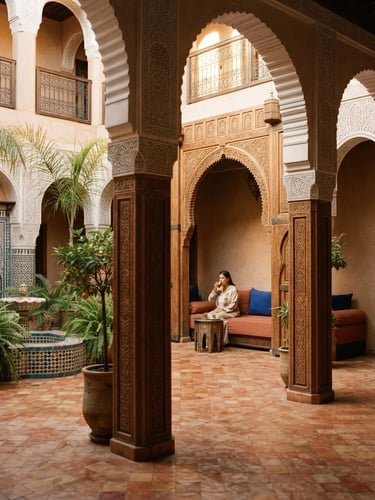 A sun-drenched riad courtyard in Fes with hand-carved cedar wood details, warm morning light filtering through arches, terracotta tiles, 35mm photography.