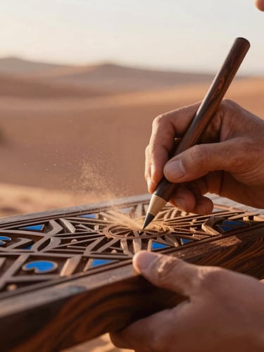 Hands of an artisan carving intricate patterns into dark cedarwood, dust catching soft morning window light, warm editorial style, 35mm