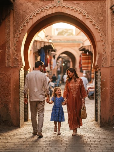 A portrait of a family walking through a sun-drenched Moroccan archway, warm golden-hour light, rich terracotta tones, shallow depth of field, 35mm editorial photography.