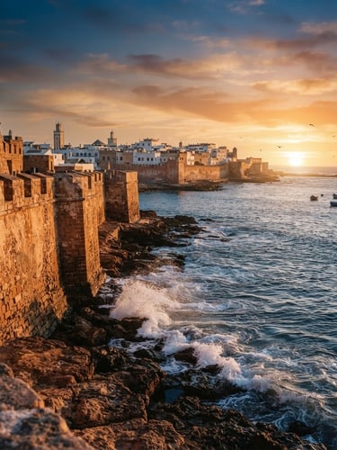 Wide environmental shot of the Essaouira coast at golden hour, waves crashing gently against historic stone ramparts, soft warm lighting, 35mm photography.
