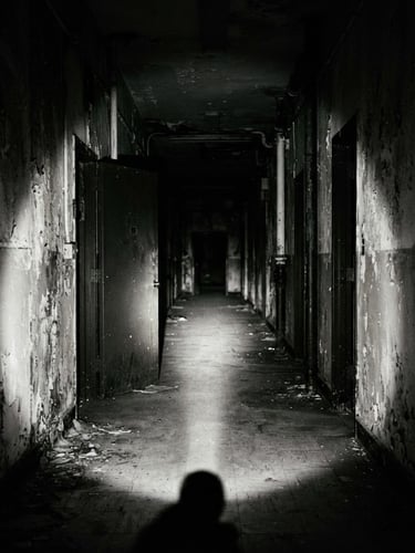 Eerie atmospheric photography of an empty, dimly lit hallway with high-contrast shadows and a harsh flashlight beam cutting through the darkness, grainy 35mm film.