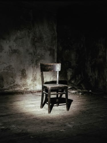 Eerie empty room with a single wooden chair under a harsh flashlight beam, high-contrast shadows, grainy desaturated tones, cinematic 35mm film