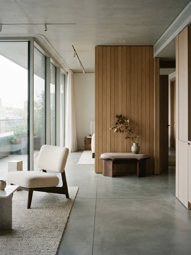 Architectural photograph of a minimalist luxury apartment interior, soft natural morning light, concrete floor meeting a warm oak wall, professional 35mm composition.