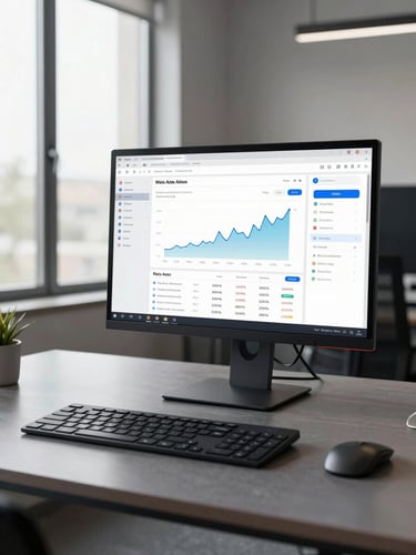 Wide-angle view of a clean modern office desk, a large monitor displaying a live Meta Ads dashboard with ROAS graphs and campaign metrics, bright natural window light from the left, muted charcoal desk surface, no people visible
