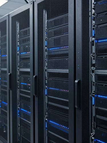 Professional, cool-toned image of a server room with subtle blue backlighting, showing structured technology. Crisp corporate photography, sharp focus.