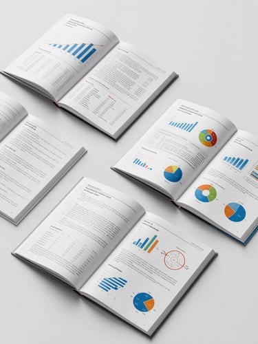 Overhead flat-lay of open publication-ready report spreads showing dense data charts and infographic figures, arranged on a clean white surface under neutral studio lighting, crisp detail on chart annotations