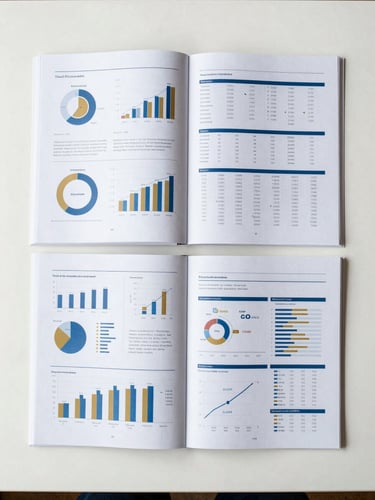 Flat-lay overhead of a finished research report spread open on a white desk, dense charts and infographic panels visible, high-key studio lighting, straight-on flatbed angle, no hands