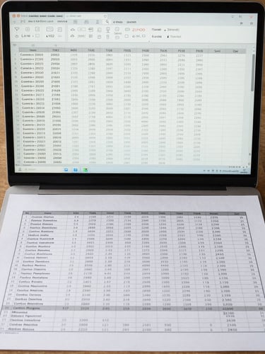 Flat-lay overhead of a dense spreadsheet on screen beside a finished printed infographic chart showing the same data transformed, neutral daylight, straight-on camera angle, no perspective distortion