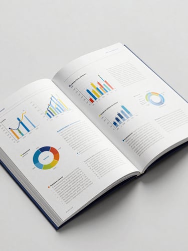 Overhead flat-lay of a finished publication-ready research report opened to a full-bleed infographic spread, clean white pages under high-key studio lighting, sharp detail on chart labels and grid lines, deep navy accent bar visible along the page edge