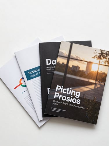 Overhead flat-lay of three finished publication-ready report covers fanned on a white surface, crisp studio lighting, data charts visible on open pages, no shadows