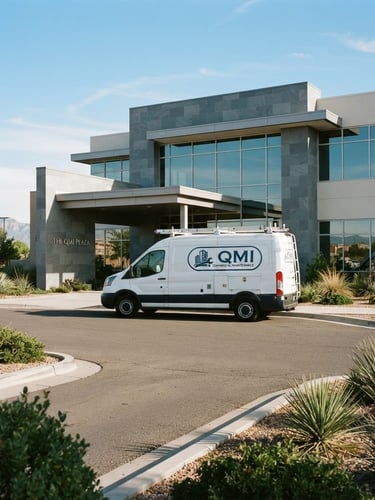 A branded QMI commercial maintenance vehicle parked in front of a clean, modern Albuquerque office building under bright, natural New Mexico daylight, wide angle.