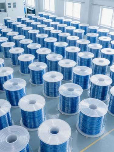 High-angle architectural shot of a massive clean-room warehouse filled with organized rows of fiber optic cable spools, bright daylight, cool blue tones.
