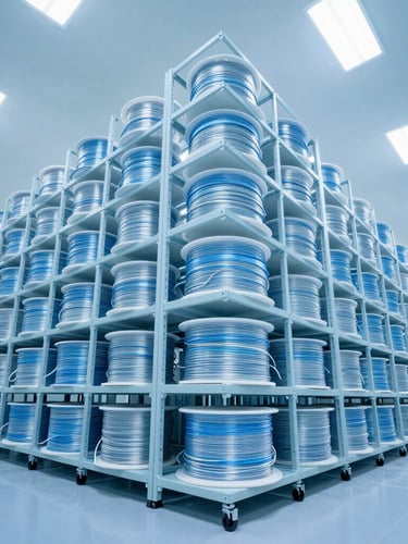 Wide-angle architectural shot of a massive, brightly-lit clean-room warehouse with towering racks of fiber optic cable spools, cool blue tones, sharp focus.