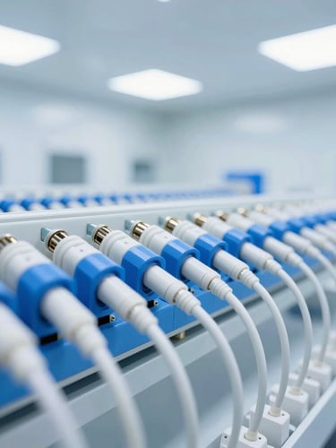 Macro shot of high-density fiber optic terminations in a clean room, bright high-key industrial lighting, cool blue and clean white tones, sharp focus