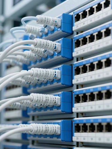 Macro shot of a high-density fiber optic patch panel with clean blue and white laser-etched ports, bright high-key industrial lighting, sharp focus.