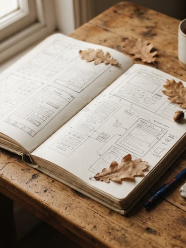 A physical sketchbook open on a wooden desk, showing detailed pencil wireframes alongside natural oak leaves, soft window light, warm editorial style