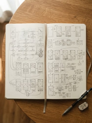 A top-down view of an open sketchbook with hand-drawn UX user flows and organic pencil illustrations, resting on a warm wooden table in soft morning light.