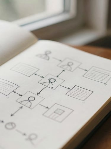 Close-up of a physical sketchbook with hand-drawn user flow diagrams and wireframe concepts, soft natural window light, shallow depth of field.