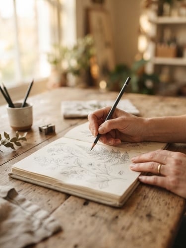 Close-up of a designer's hands sketching botanical illustrations in a physical linen sketchbook on a raw oak desk, soft morning window light, shallow depth of field.