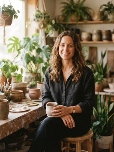 Warm, approachable portrait of Meg Shilobod in her sunlit studio, surrounded by leafy green plants and earthy ceramic pots, soft natural window light, shallow depth of field, 35mm film style.