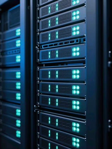 Macro shot of high-end enterprise server racks, cool-toned blue and neon teal status lights, sharp focus, 35mm
