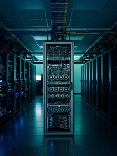 Sleek corporate server room, cool low-key studio lighting, deep navy and teal accents, sharp focus, architectural framing, 35mm