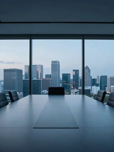 Minimalist corporate boardroom overlooking a modern city skyline at blue hour, clean architectural lines, cool tones, 35mm