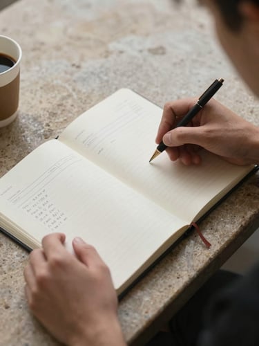 Medium shot from above: a musician's hands resting on an open notebook with a printed invoice draft and handwritten margin notes, a coffee cup at the edge of the frame, soft overcast natural light, warm stone desk surface, no performance context
