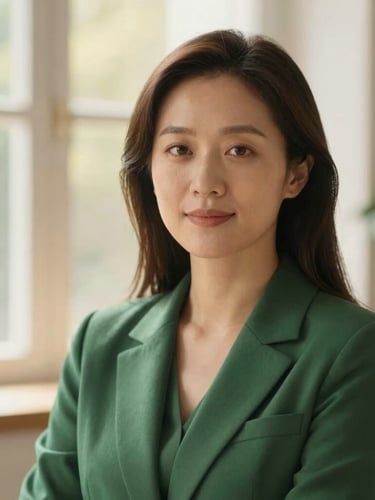 Warm environmental portrait of a professional female psychologist in her 30s, approachable and serene, looking at the camera, wearing a deep green blazer, soft natural window light, shallow depth of field.