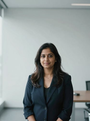 A professional and confident portrait of CA Nancy Singhal in a modern, minimally designed office space, soft overcast daylight, cool desaturated tones, 35mm