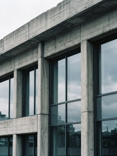 A close-up architectural shot of concrete lines and glass facade, soft overcast daylight, cool desaturated tones, sharp focus, 35mm