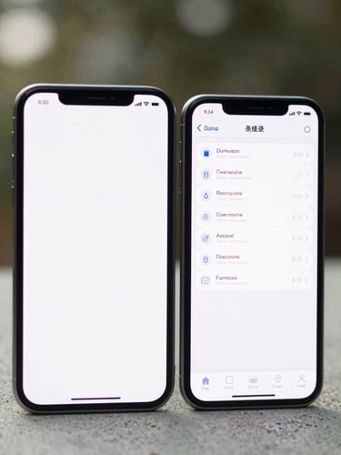 Portrait close-up of two Android phones side by side on a light concrete surface, both screens showing different states of the same app — one showing an empty state, one showing a populated list — soft diffused daylight from the left, no reflections