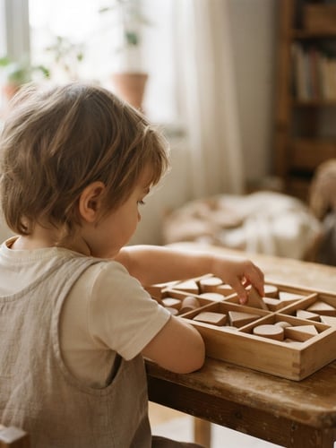 Over-the-shoulder view of a child engaged in a focused cognitive sorting task with wooden blocks, soft natural window light, warm sand tones, shallow depth of field