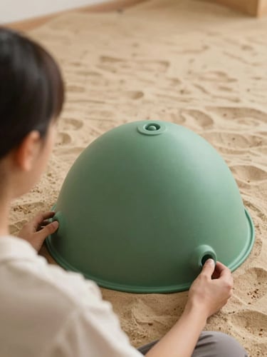 Over-the-shoulder perspective of a therapy session, a child carefully balancing on a soft green sensory dome, therapist's supportive hands nearby, warm sand tones
