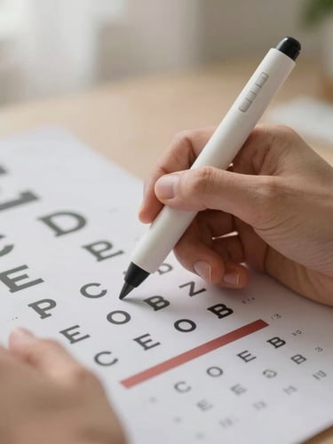 Close-up on hands guiding a specialized therapeutic light pen across a structured vision chart, soft diffused natural light, shallow depth of field