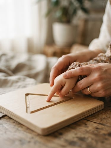 Close-up on hands guiding a child's hand to trace a geometric shape on a wooden board, soft natural window light, warm sand tones, shallow depth of field, 35mm
