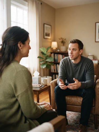 Over-the-shoulder perspective of a calm counseling session in a room with soft, diffused natural window light, muted earth tones, 35mm