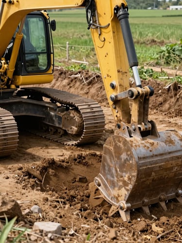 Close-up portrait view of a modern yellow retroexcavadora bucket digging a clean, precise trench, with a focus on the machinery's robust design and the neatness of the excavated earth. Bright natural daylight, no people visible.