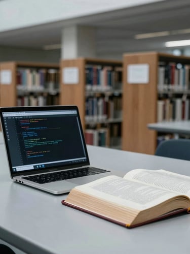 Editorial documentary photography, cool natural daylight, a modern library table with a laptop displaying code next to open leather-bound law books, sharp focus, 35mm