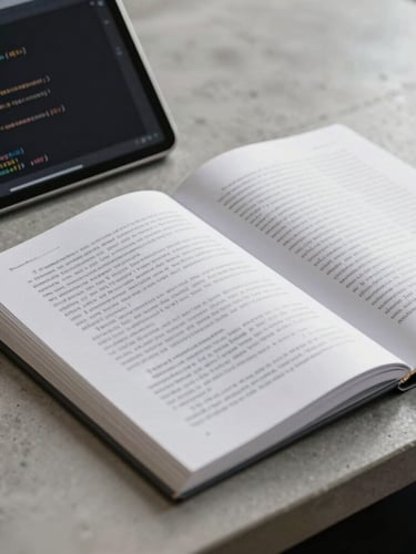 Close-up of a modern legal text open on a concrete desk beside a tablet displaying clean code, cool natural daylight, desaturated academic tones, sharp focus, 35mm