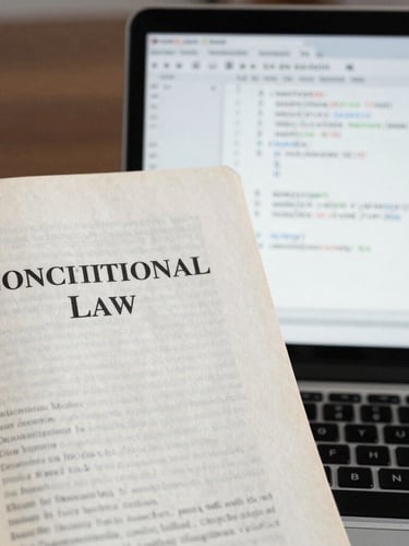 Close-up of a vintage constitutional law textbook next to a modern laptop screen displaying clean software code, cool natural daylight, desaturated academic tones, 35mm.