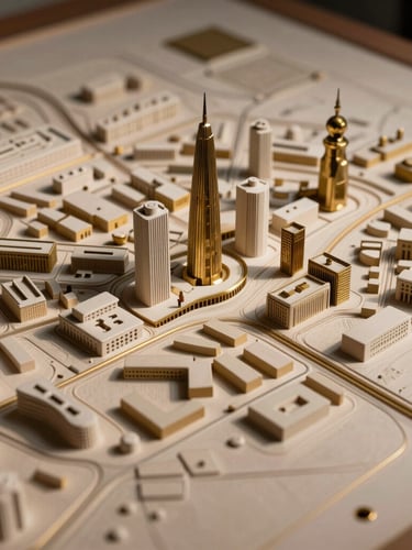 Close-up of a physical architectural model of Riyadh urban planning, textured plaster and brass detailing, warm side lighting, high contrast