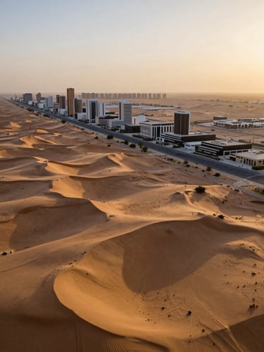 Panoramic aerial view of raw desert land meeting modern architectural lines in Riyadh's growth corridors, golden hour lighting with long dramatic shadows